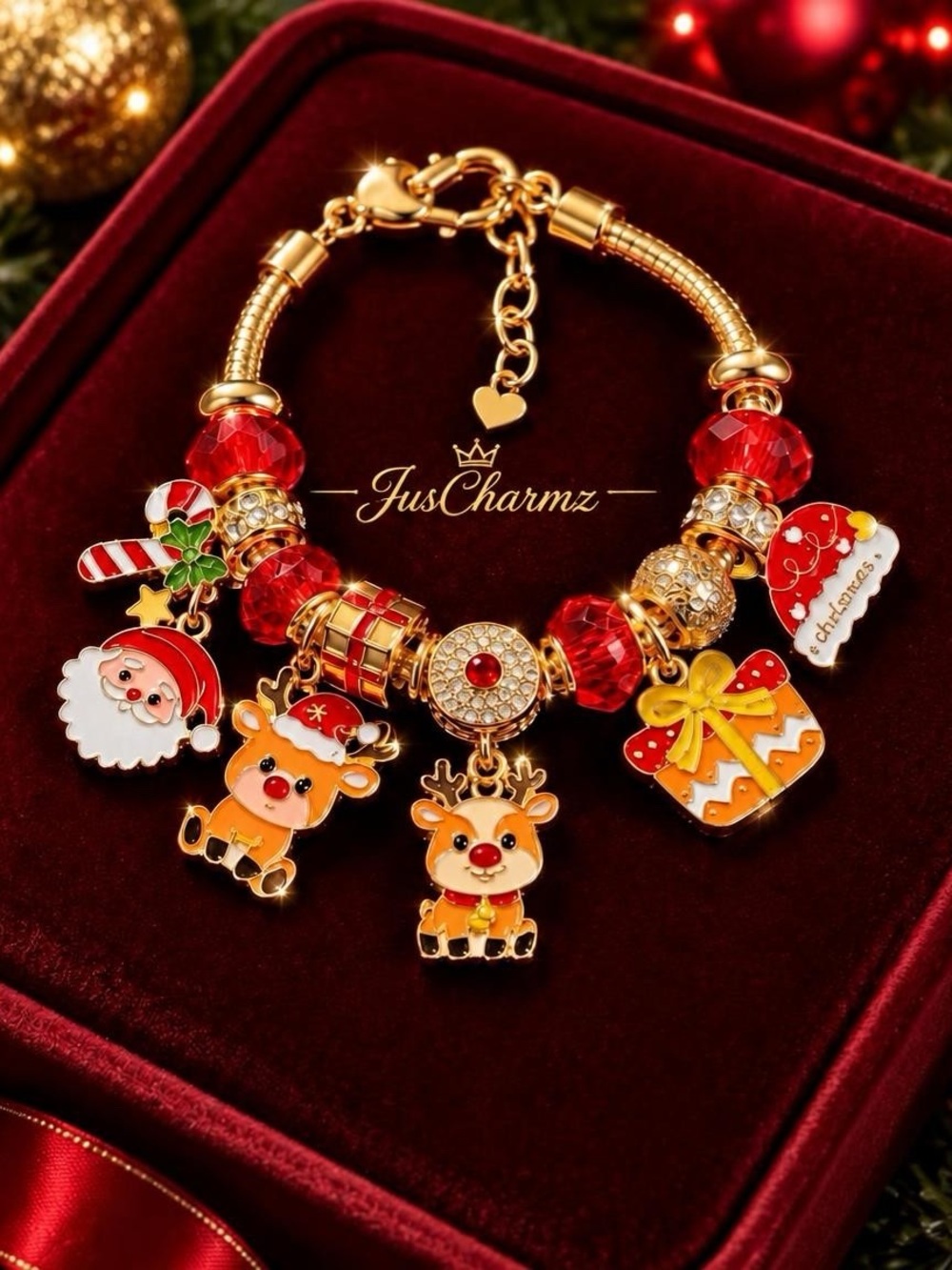 Gold-tone Red Christmas Charm Bracelet